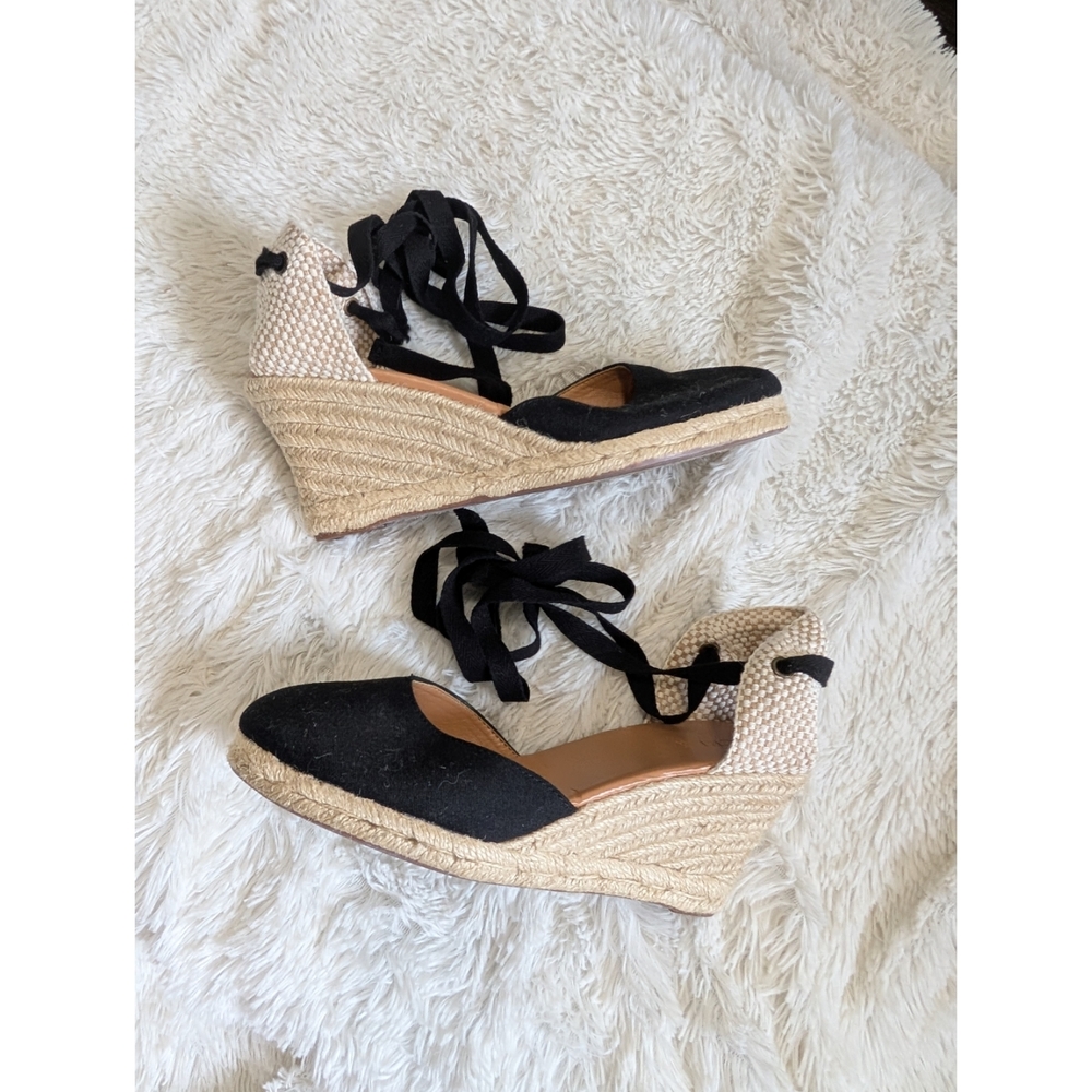 J. Crew Canvas Ankle-Wrap Black Espadrille Wedge Sandals Size 9